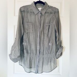 EUC 🌿 Chico’s Tasha Gray Sheer Striped Tunic | XL | Roll-Tab 3/4 Sleeves
